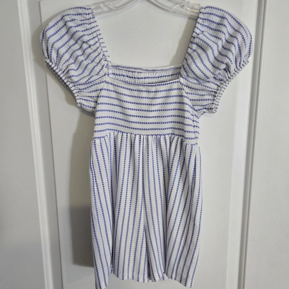 Primark Smocked Romper Girls 7-8 Blue‎ White Striped Excellent Puff Sleeve